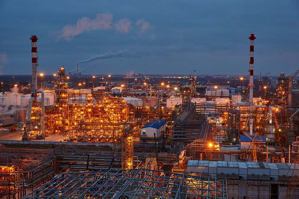 Refinery aerial view at twilight