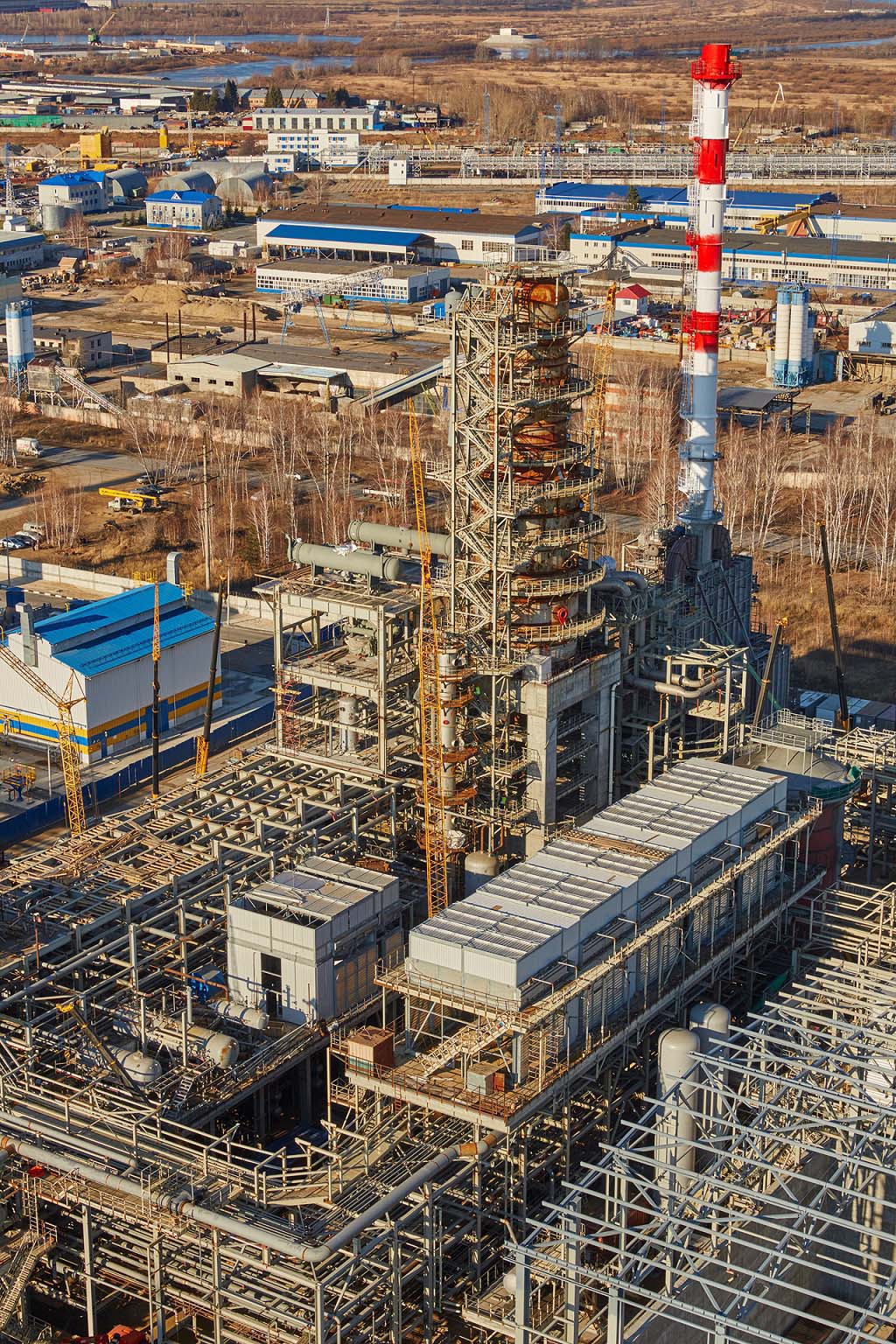 Distillation tower aerial close-up